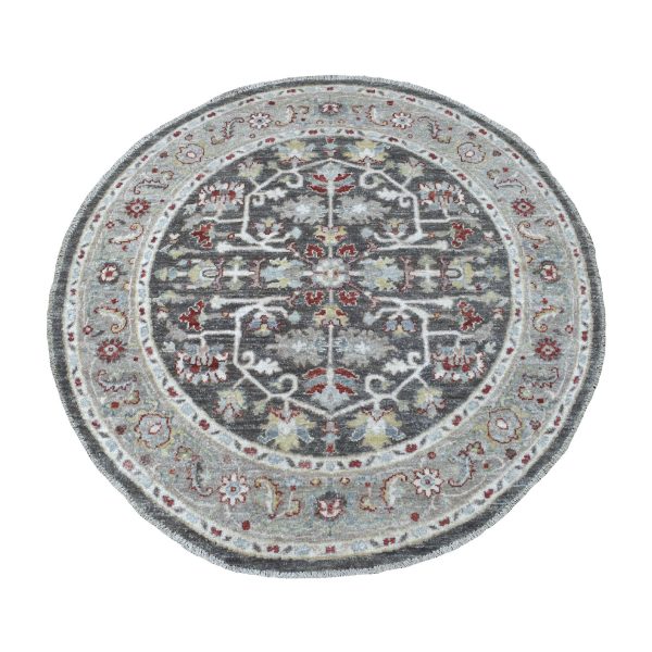 4'x4' Dark Gray Peshawar With Heriz Design Shiny Wool Round Hand Knotted Oriental Rug HR67172