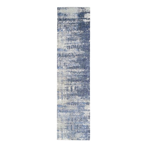 2'5"x10' Blue Abstract With Mosaic Design Wool And Silk Hand Knotted Oriental Runner Rug HR62262
