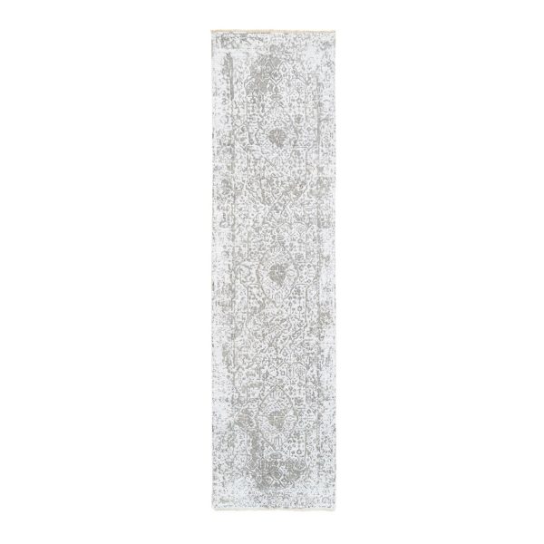 2'7"x10' Grey Broken Persian Design Wool And Pure Silk Hand Knotted Oriental Runner Rug HR62361
