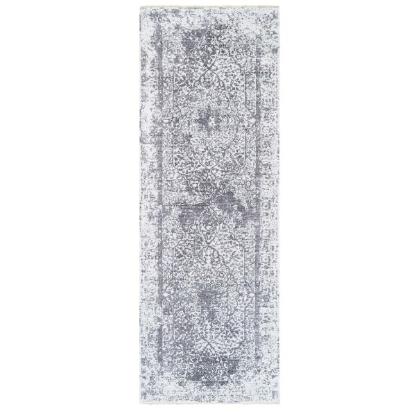 4'1"x12'1" Grey Wool And Pure Silk Broken Persian Design Hand Knotted Oriental Wide Gallery Size Runner Rug HR62367