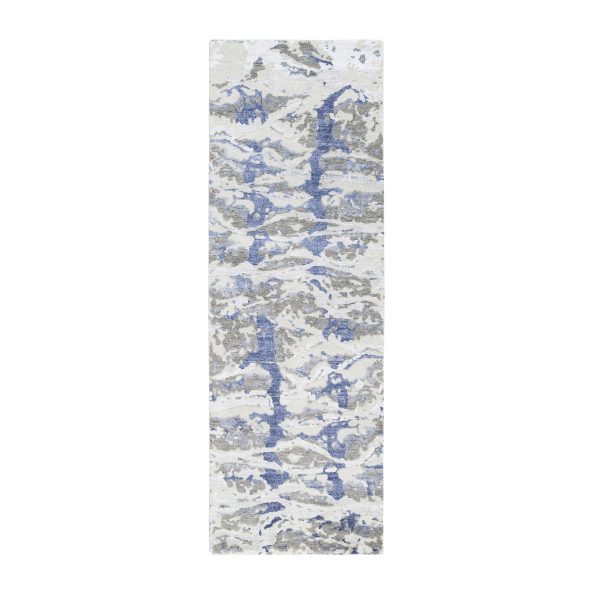 2'7"x8' Beige With Touches Of Blue Modern Wool And Silk Hand Knotted Oriental Rug HR62434
