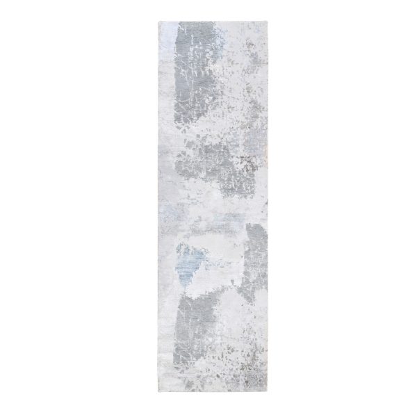 2'9"x10' Gray Modern Wool And Silk Hand Knotted Oriental Runner Rug HR62438