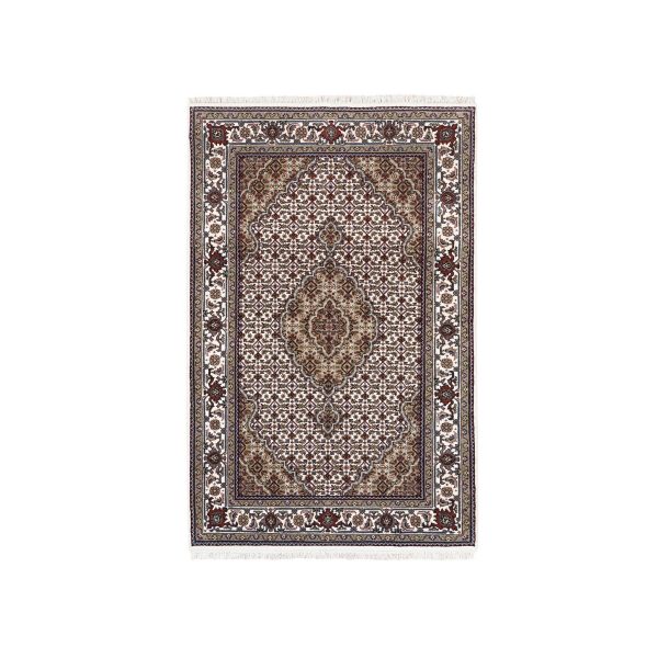 3'8"x6' Wool And Silk Fish Medallion Design Tabriz Mahi Ivory Hand Knotted Oriental Rug HR62489