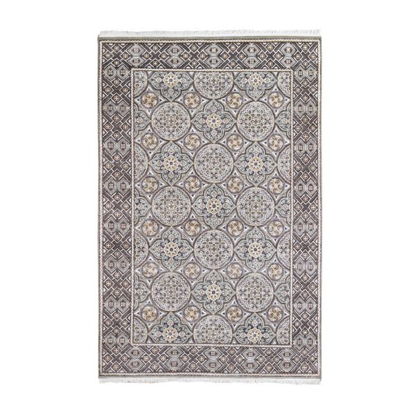 6'2"x9'3" Brown Textured Wool and Silk Mughal Inspired Medallions Hand Knotted Oriental Rug HR66352