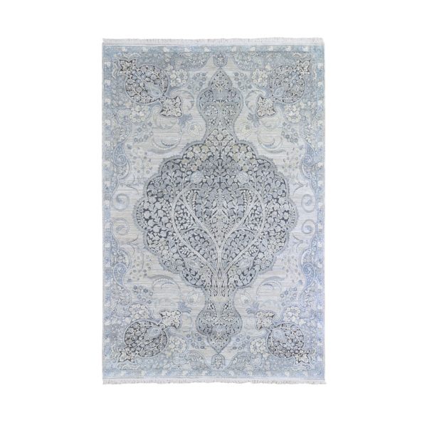 6'x9'2" Ivory Silk with Textured Wool Tree of Life Meditation Design Hand Knotted Oriental Rug HR66355