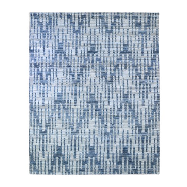 8'x10' Zigzag with Graph Design Blue Pure Silk and Textured Wool Hand Knotted Oriental Rug HR66377