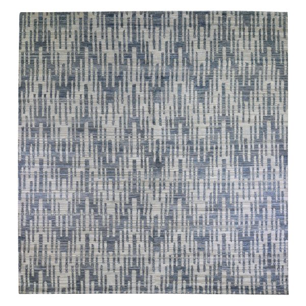 12'x12' Blue Pure Silk and Textured Wool Square Zigzag with Graph Design Hand Knotted Oriental Rug HR66386