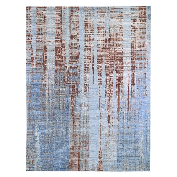 9'x12'2" Red Hi-Low Pile Abstract Design Denser Weave Wool and Silk Hand Knotted Oriental Rug HR66416