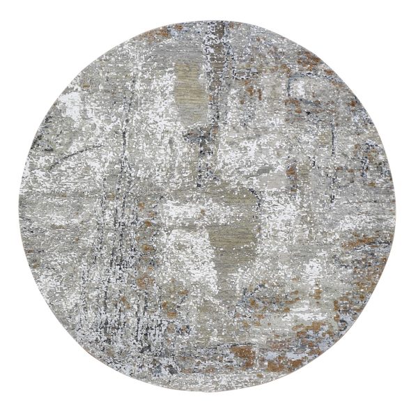 6'x6' Wool and Silk Denser Weave Taupe Persian Knot with Abstract Design Hand Knotted Round Oriental Rug HR66434