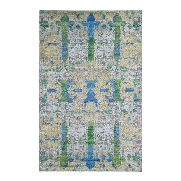6'x9'4" Jewellery Design Sari Silk with Textured Wool Colorful Hand Knotted Oriental Rug HR66452