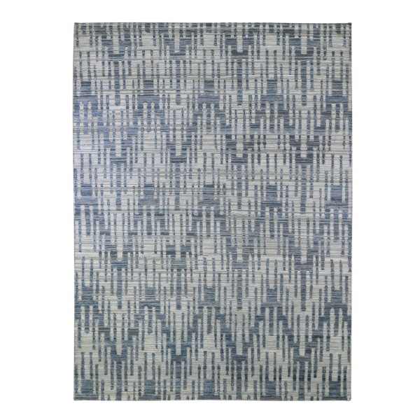 9'x12'2" Blue Pure Silk and Textured Wool Zigzag with Graph Design Hand Knotted Oriental Rug HR66471