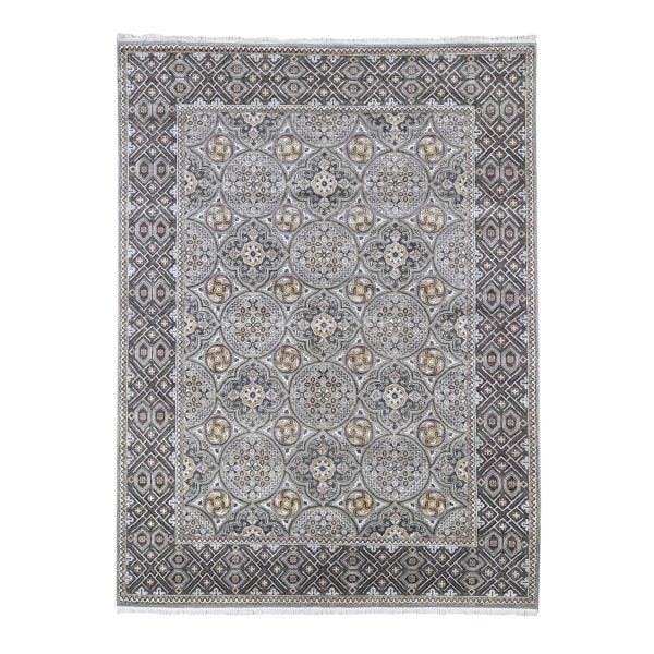 9'x12'2" Textured Wool and Silk Mughal Inspired Medallions Design Hand Knotted Brown Oriental Rug HR66479