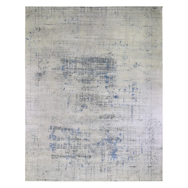 12'x15'1" Gray-Blue Pure Silk with Textured Wool Avant-Garde Design Extra Large Hand Knotted Oriental Rug HR66489