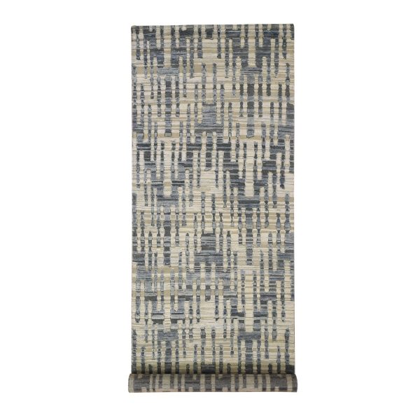 4'x12'4" Zigzag with Graph Design Blue Pure Silk and Textured Wool Wide Runner Hand Knotted Oriental Rug HR66518