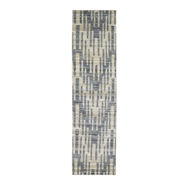 2'6"x10'4" Blue Pure Silk and Textured Wool Wide Runner Zigzag with Graph Design Hand Knotted Oriental Rug HR66532