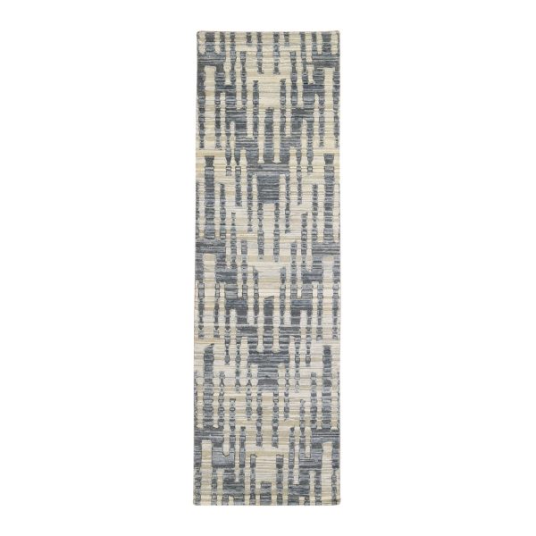 2'7"x8'2" Blue Pure Silk and Textured Wool Zigzag with Graph Design Hand Knotted Runner Oriental Rug HR66535