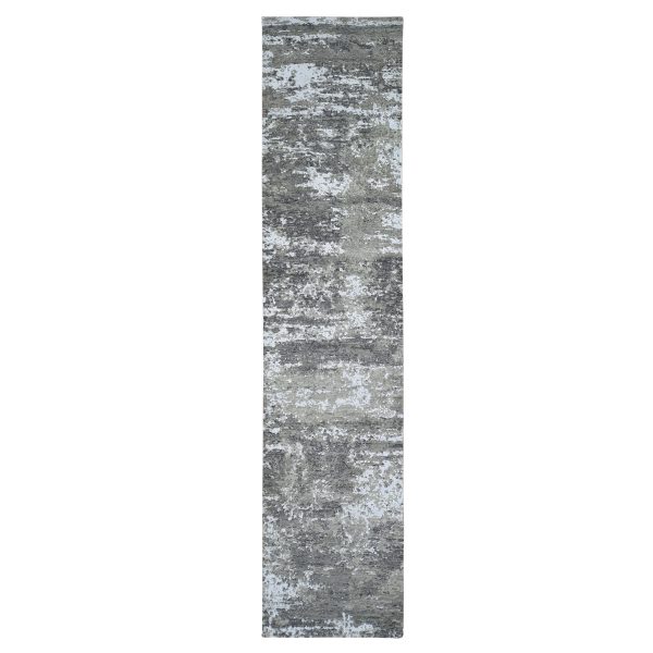 2'6"x12' Wool and Silk Denser Weave Gray Persian Knot with Abstract Design Hand Knotted Oriental Rug HR66548