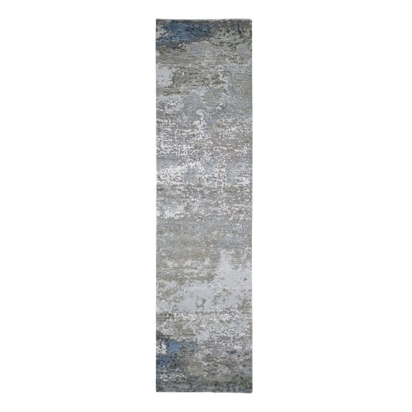 2'6"x10'6" Abstract Design Wool and Silk Hi-Low Pile Gray Denser Weave Hand Knotted Runner Oriental Rug HR66556