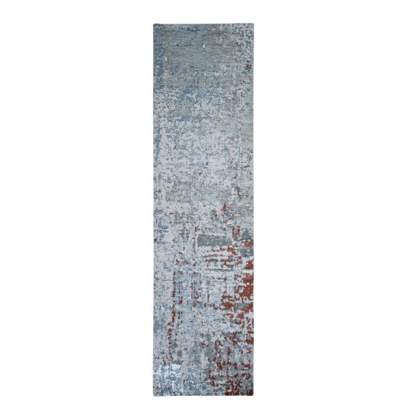 2'6"x10'2" Light Blue Abstract Design Wool and Silk Denser Weave Hand Knotted Runner Oriental Rug HR66570
