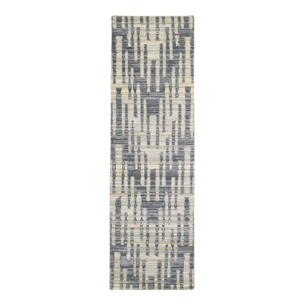 2'6"x8'3" Blue Pure Silk and Textured Wool Wide Runner Zigzag with Graph Design Hand Knotted Oriental Rug HR66585