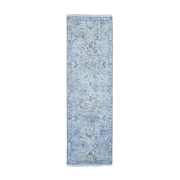 2'6"x8' Ivory Distressed Oushak Pure Silk with Textured Wool Runner Hand Knotted Oriental Rug HR66588