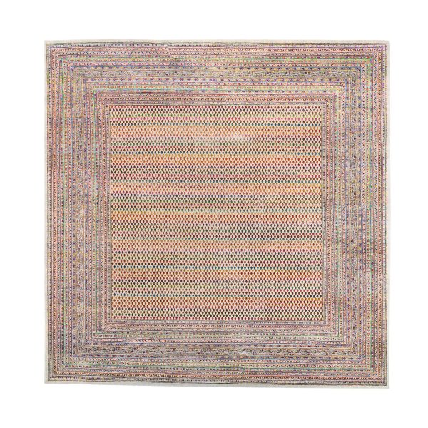 14'x14' Colorful Wool And Sari Silk Sarouk Mir Inspired With Multiple Borders Hand Knotted Oriental Square Rug HR62305