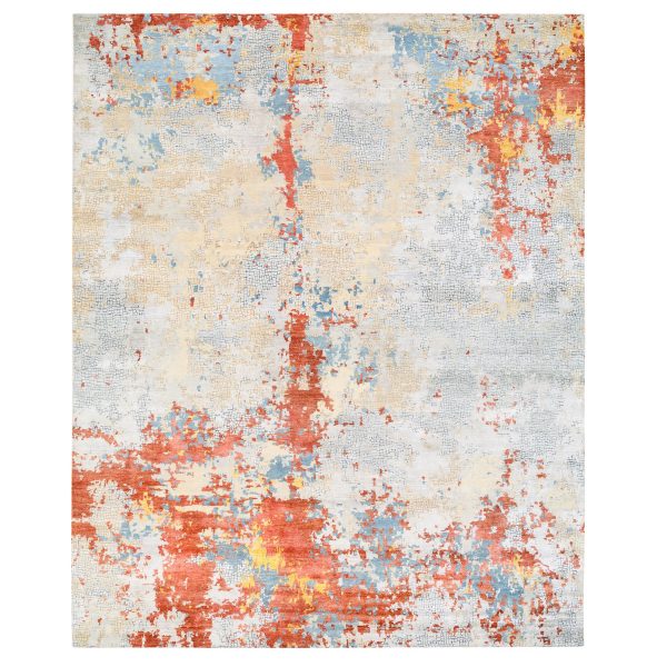 11'8"x15' Oversize Wool And Silk Abstract With Fire Mosaic Design Hand Knotted Oriental Rug HR62675