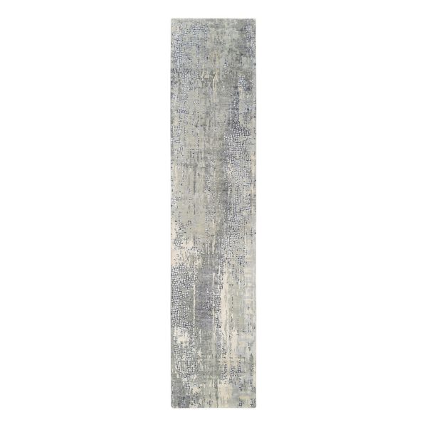 2'6"x11'8" Wool and Silk Taupe Abstract with Mosaic Design Hand Knotted Oriental Runner Rug HR62690