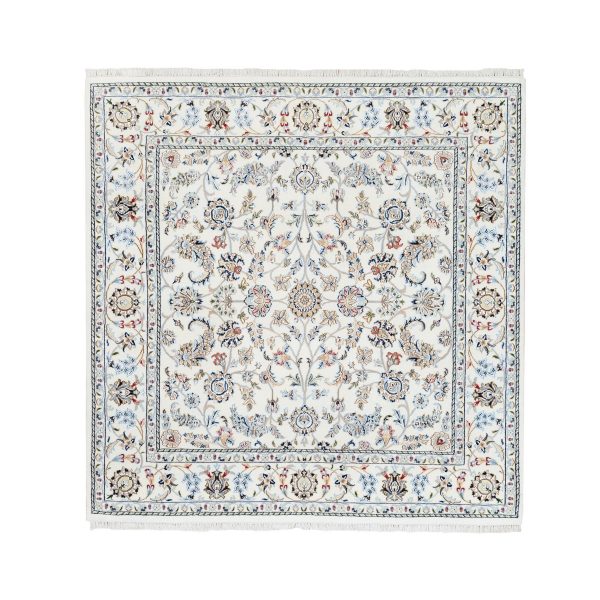 5'9"x5'9" All Over Floral Design Ivory Square Wool and Silk 250 KPSI Nain Hand Knotted Fine Oriental Rug HR62789