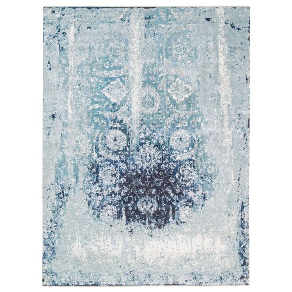 9'1"x11'9" Wool and Silk Blue-Teal Persian Tabriz Broken Design Hand Knotted Oriental Rug HR62840
