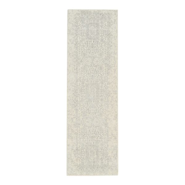 2'6"x8' Fine Jacquard Hand Loomed Wool and Plant Based Silk Silver Gray Oriental Runner Rug HR62846