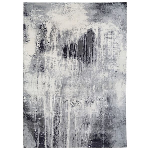 12'x18'1" Oversized Black with Gray Abstract Design Wool and Silk Hand Knotted Oriental Rug HR62870