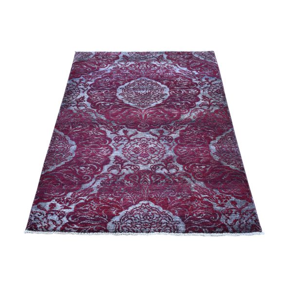 3'2"x5'7" Nepali Wool and Silk Large Lotus Flower Design Hand Knotted Burgundy Red Oriental Rug HR66663