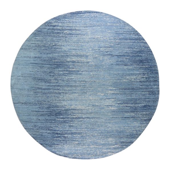 9'x9' Blue Oceanic Zero Pile Pure Wool Ombre Design Round Hand Knotted Oriental Rug HR66703