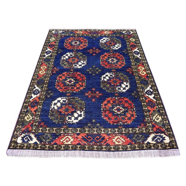5'x6'10" Afghan Ersari Elephant Feet Design Hand Knotted Organic Dyes Blue With Pop Of Color Oriental Rug HR67214