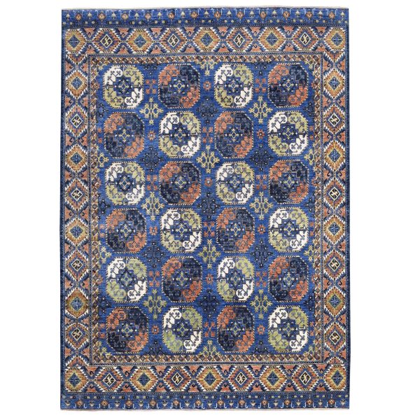 9'5"x12' Hand Knotted Pure Wool Afghan Ersari Blue With Pop Of Color Elephant Feet Design Oriental Rug HR67263