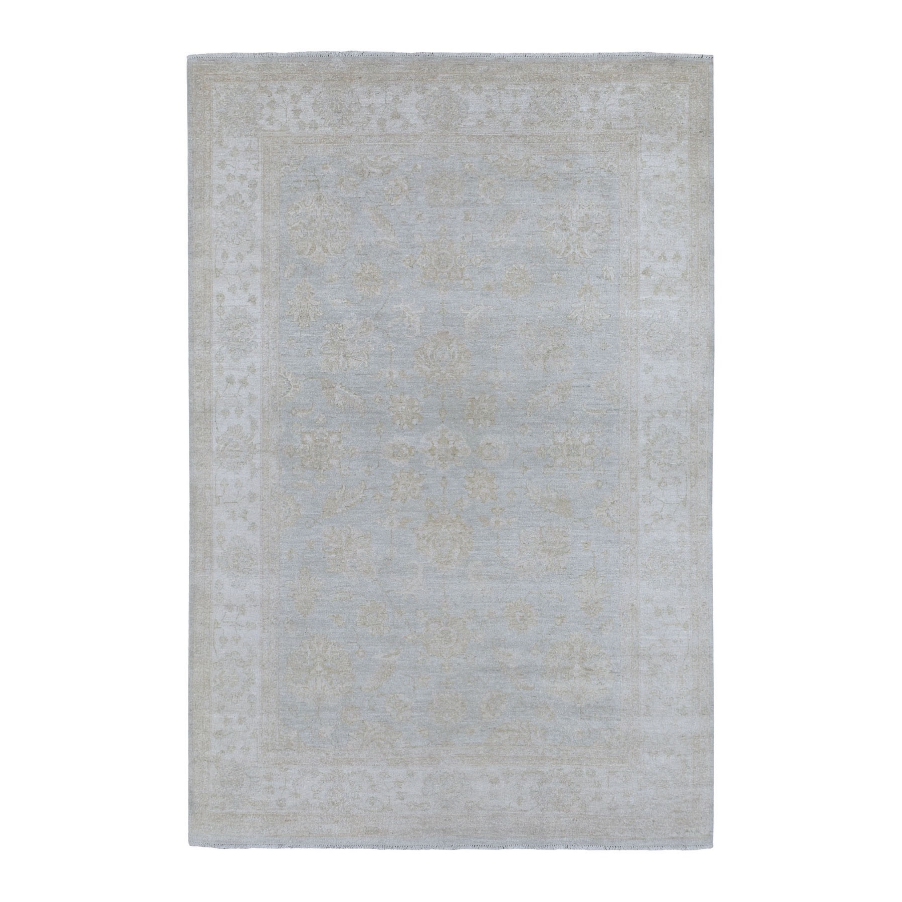 6'x8'10" White Wash Peshawar Pure Velvety Wool Light Gray With Soft Colors Hand Knotted Oriental Rug HR67375