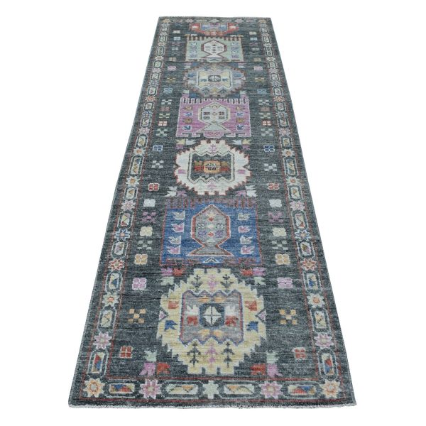 2'10"x9'10" Hand Knotted Dark Gray With Geometric Village Anatolian Design Angora Oushak Glimmery Wool Oriental Runner Rug HR67427