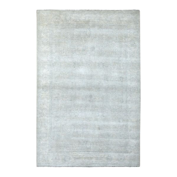 6'1"x9' Hand Knotted With Faded Colors White Wash Peshawar Shiny Wool Oriental Rug HR67500