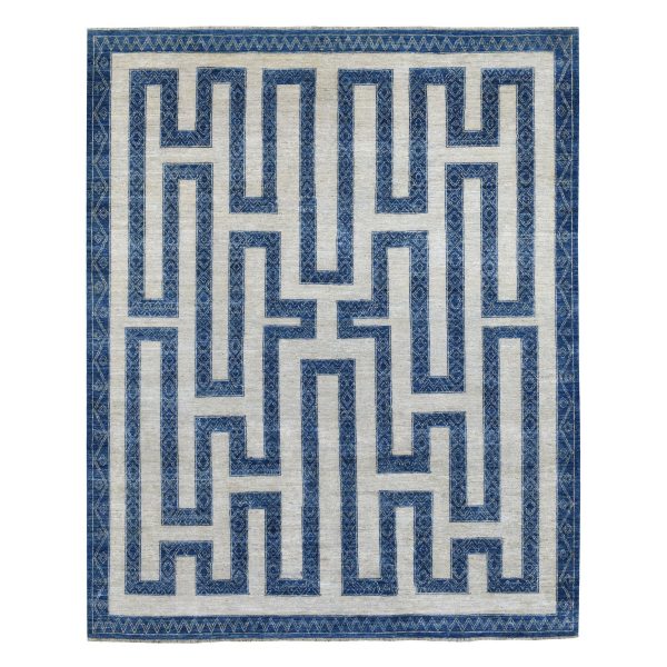 7'10"x9'9" Blue Shiny Wool Maze Design With Berber Influence Hand Knotted Soft, Velvety Plush Oriental Rug HR67563