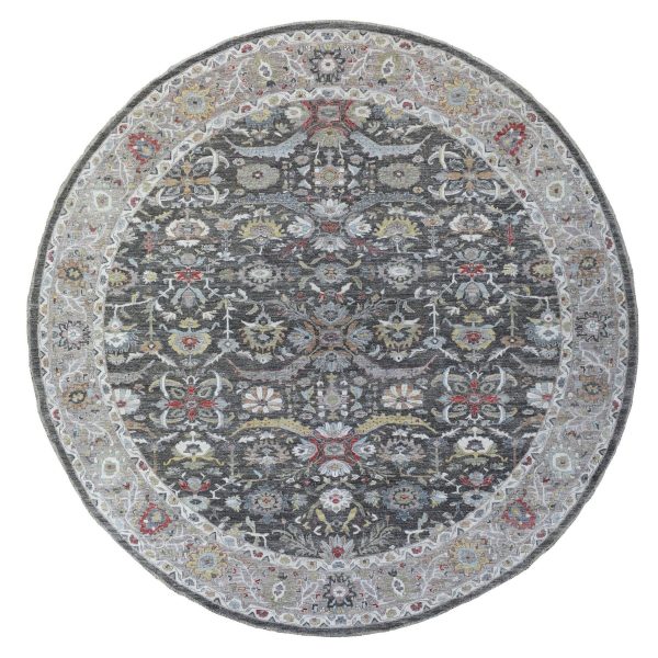 11'7"x11'7" Hand Knotted Vibrant Wool Peshawar Design Gray With Floral Motifs Oriental Round Rug HR67565