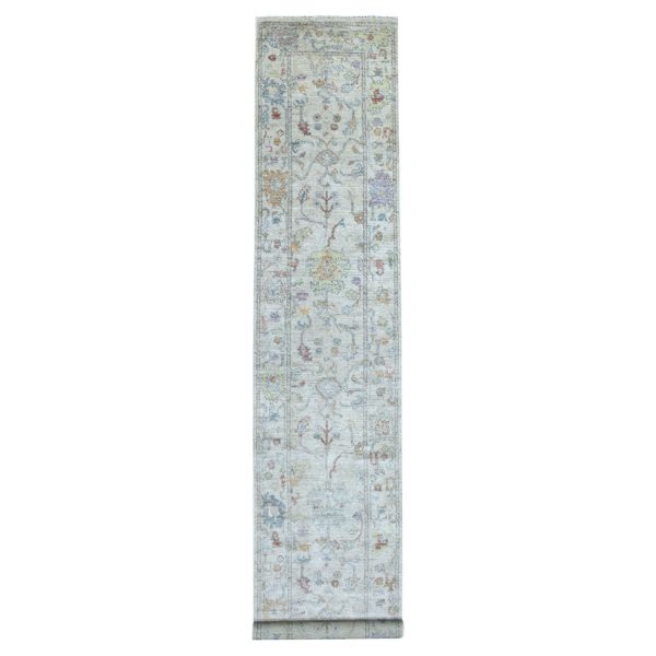 2'10"x16' Hand Knotted Soft, Velvety Plush Angora Oushak Light Gray With Colorful Motifs Oriental XL Runner Rug HR67597