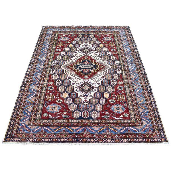 5'x6'5" Ivory Hand Knotted Soft Velvety Wool Super Kazak In A Colorful Palette Oriental Rug HR67628