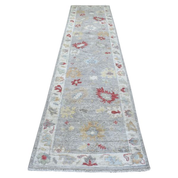 3'x13'5" Angora Oushak Hand Knotted Soft Velvety Wool Gray with Colorful Motifs Oriental Runner Rug HR67709