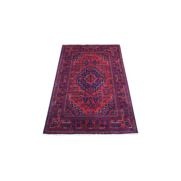 3'3"x4'10" Hand Knotted Afghan Khamyab Geometric Medallion Design Soft Vibrant Wool Deep and Saturated Red Oriental Rug HR67817