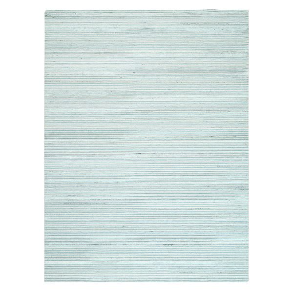 9'1"x12' Modern Design Plain Undyed Natural Wool Hand Loomed Ivory with Turquoise Blue Oriental Rug HR63043