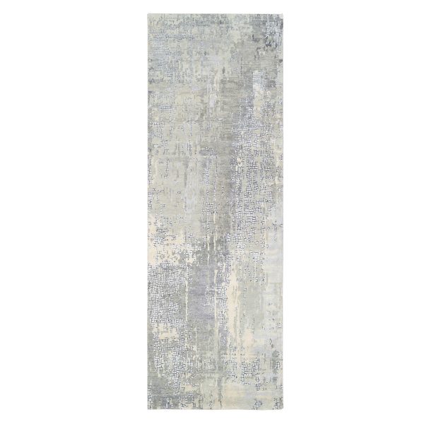 4'x12' Hand Knotted Abstract with Mosaic Design Gray Wool and Silk Oriental Runner Rug HR63061