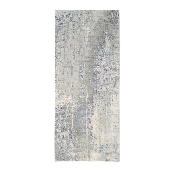 4'1"x9'9" Wool and Silk Abstract with Mosaic Design Gray Hand Knotted Oriental Runner Rug HR63062