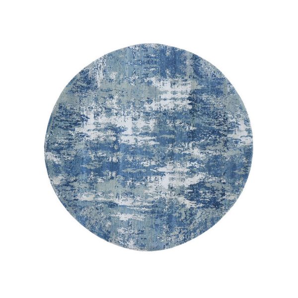 6'2"x6'2" Round Abstract Design Wool and Pure Silk Blue Hand Knotted Denser Weave Oriental Rug HR66717