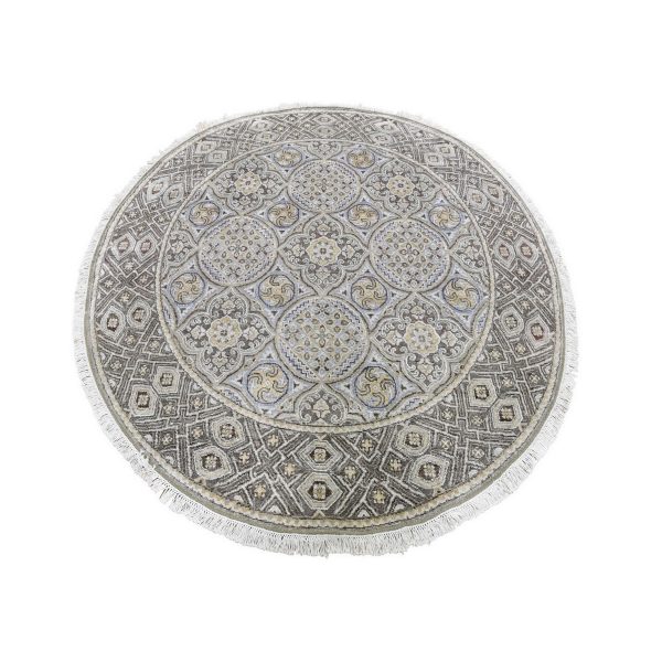 5'1"x5'1" Brown and Gray Textured Wool and Silk Mughal Inspired Medallions Round Hand Knotted Oriental Rug HR66718